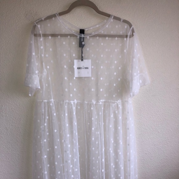 white polka dot mesh dress